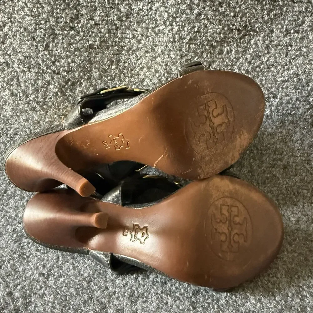 Tory Burch Black Strappy Buckle Leather Upper Open Toe Stiletto Heel 6M